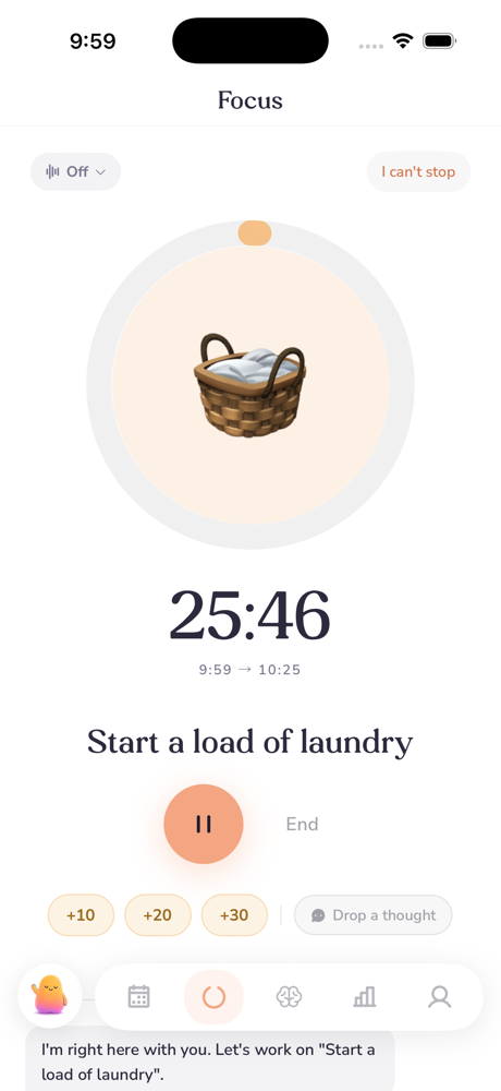 Lumi's focus timer showing a 25 minute session for starting a load of laundry